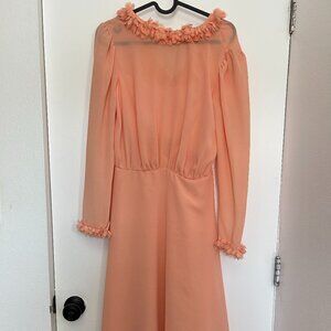VINTAGE PEACH COLOR LONG MIDI DRESS WITH PETALS ON NECK AND SLEEVES- SIZE XS